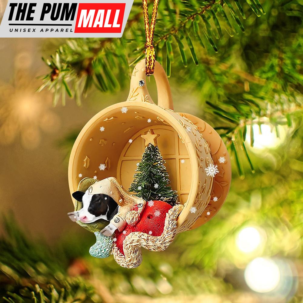 Cow Sleeping In A Tiny Cup Christmas Holiday Two Sided Ornament – Best Gifts for Animals Lovers Limited Edition