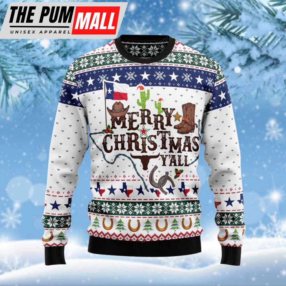 Cowboy Pattern Merry Xmas Y’all Funny Ugly Christmas Sweater