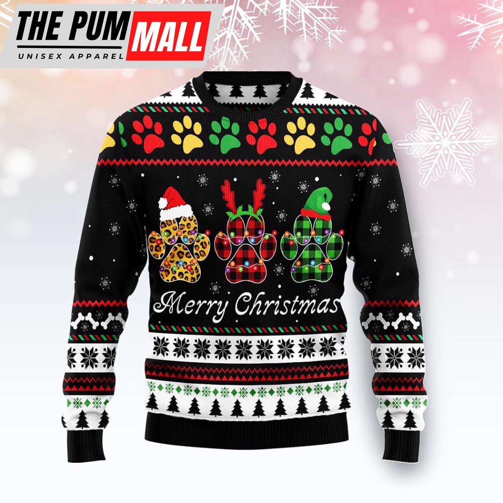 Cozy Dog Paws Xmas Merry Ugly Christmas Sweater – Unisex Knit Wool Sweater