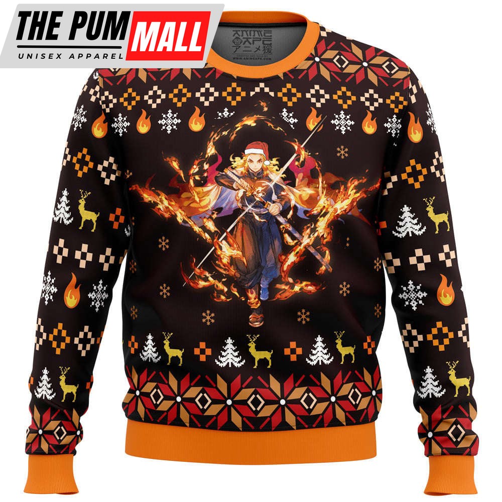 Cozy Rengoku Demon Slayer Christmas Sweater – Comfimerch: Ignite Holiday Spirit Perfect Christmas Gift