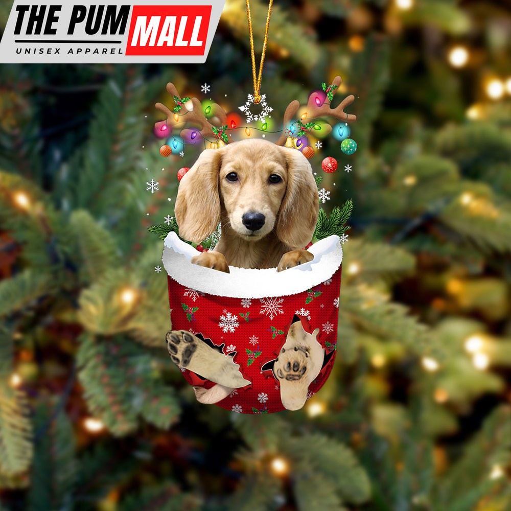 Cream Lng Haired Dachshund In Snow Pocket Christmas Ornament – Two Sided Christmas Plastic Hanging Limited Edition