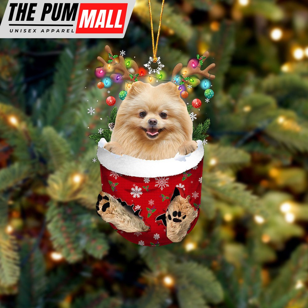 Cream Pomeranian In Snow Pocket Christmas Ornament – Two Sided Christmas Plastic Hanging Limited Edition