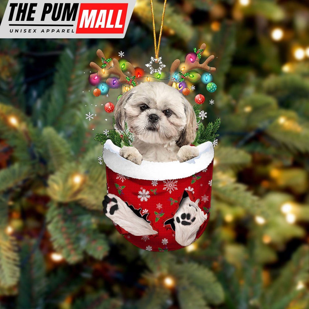 Cream Shih Tzu In Snow Pocket Christmas Ornament – Two Sided Christmas Plastic Hanging Limited Edition