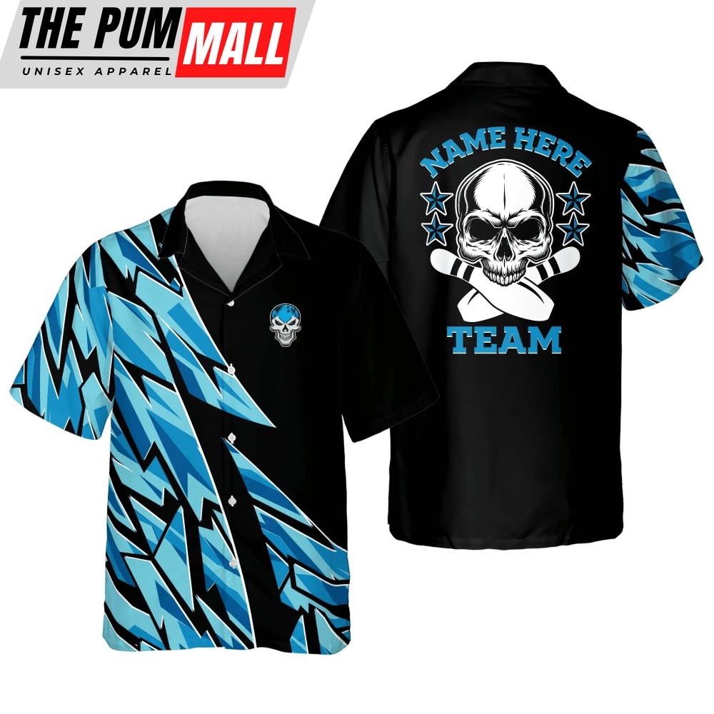 custom-blue-skull-button-down-hawaiian-shirt-for-men-bowling-team-casual-ovmkzesm Custom Blue Skull Button-Down Hawaiian Shirt for Men: Bowling Team Casual