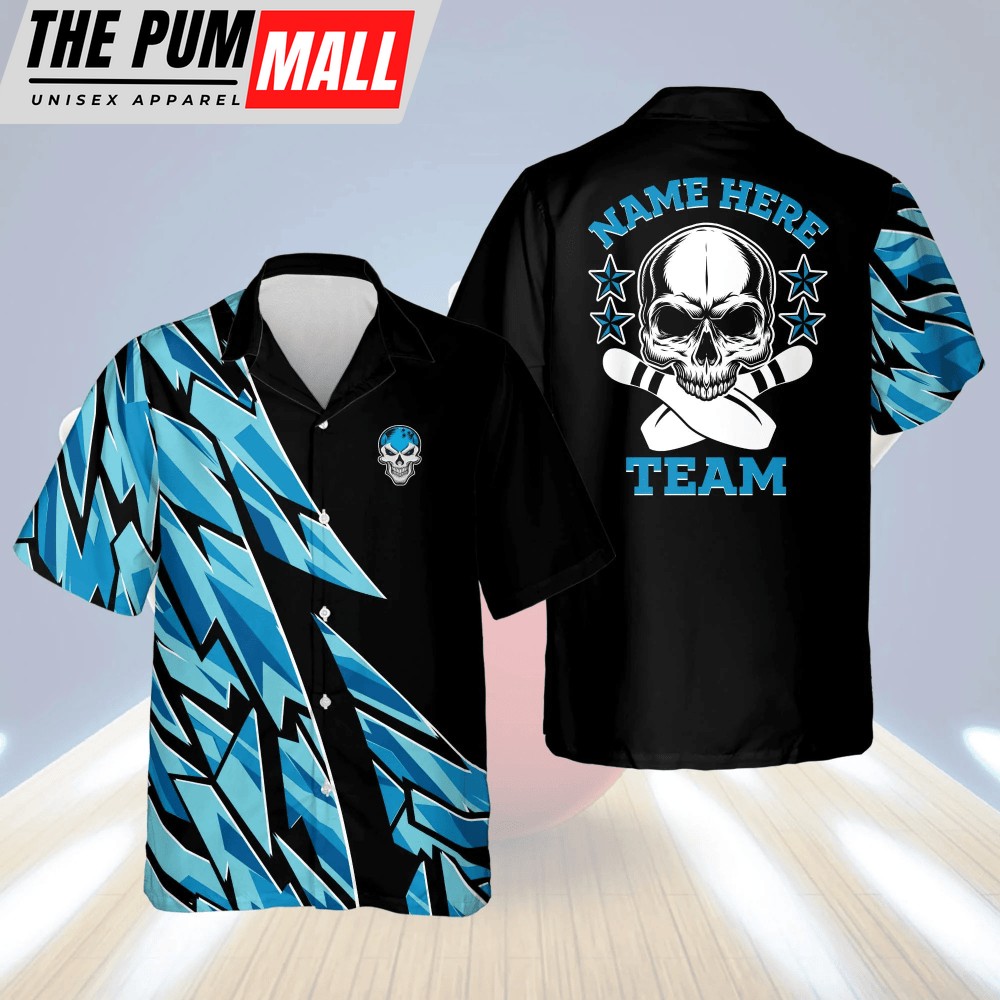 Custom Blue Skull Button-Down Hawaiian Shirt for Men: Bowling Team Casual