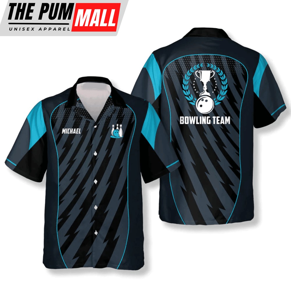 Custom Blue Sports Bowling Hawaiian Shirt Trophy Emblem Team Gift