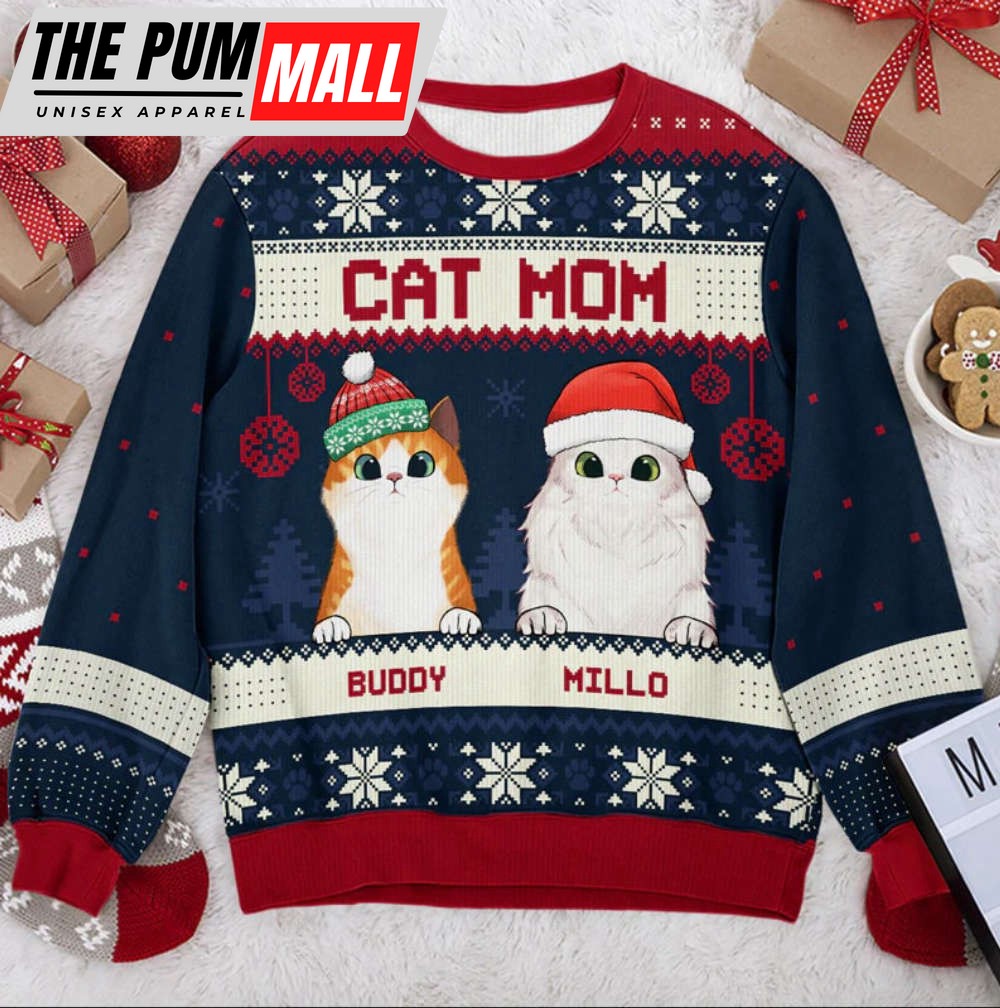 Custom Cat Mom Cat Dad Ugly Sweater, Personalized Cat Christmas Sweater, Gift For Cat Lovers