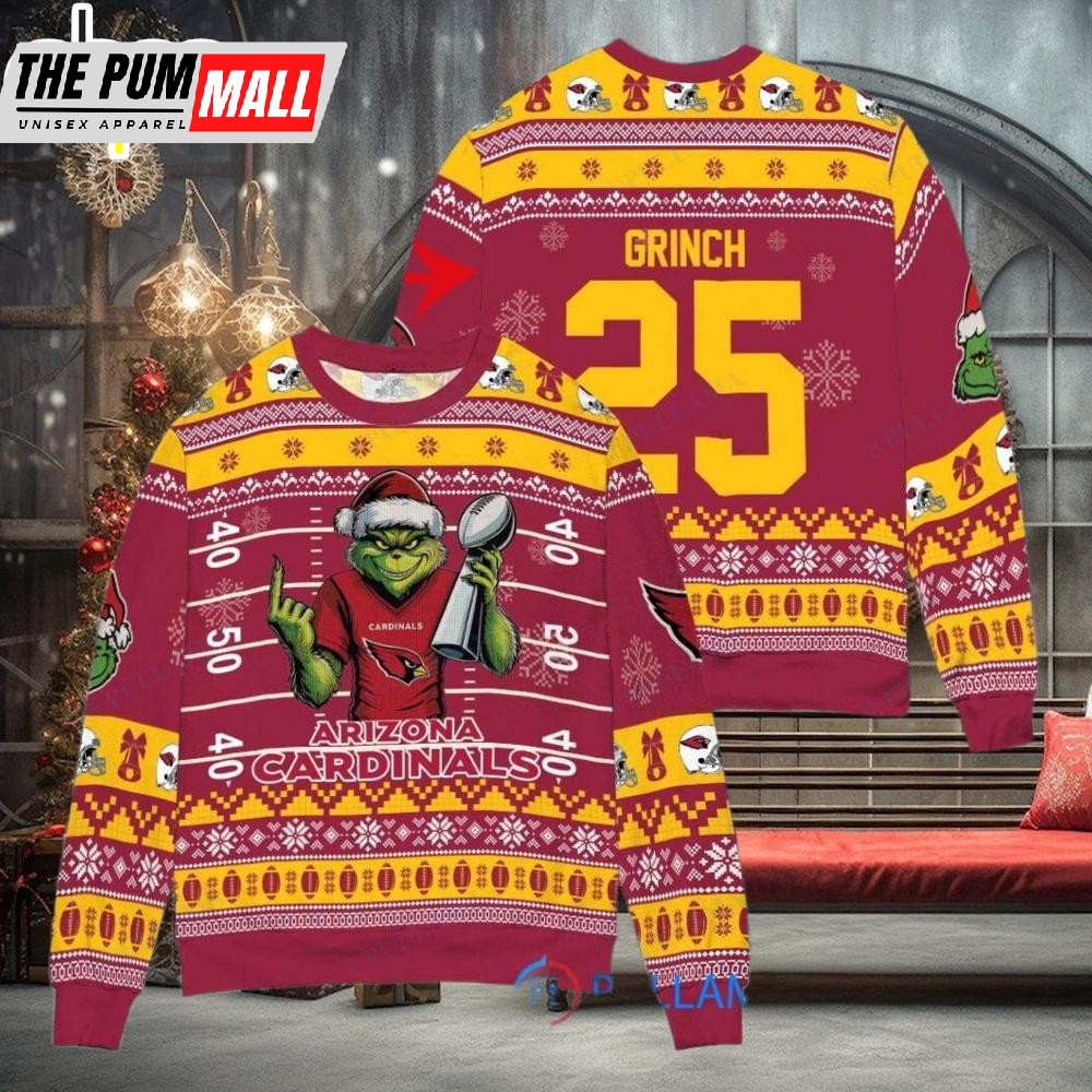 Custom Name And Number NFL Arizona Cardinals x Grinch Super Bowl Trophy Ugly Christmas Sweater