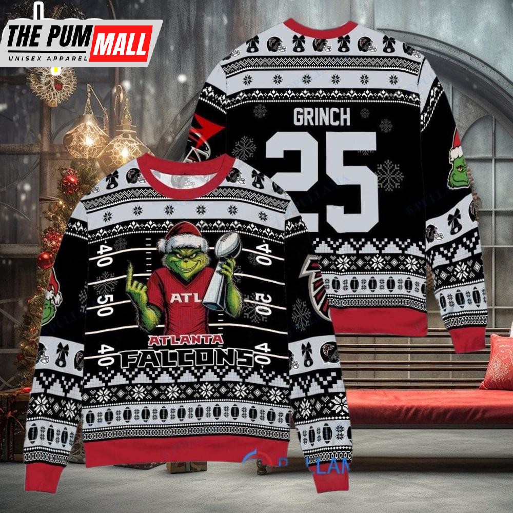 Custom Name And Number NFL Atlanta Falcons x Grinch Super Bowl Trophy Ugly Christmas Sweater