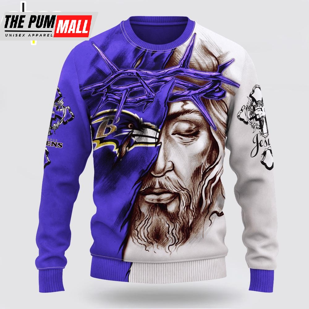 Custom Name And Number NFL Baltimore Ravens Jesus Face 3D Sweater