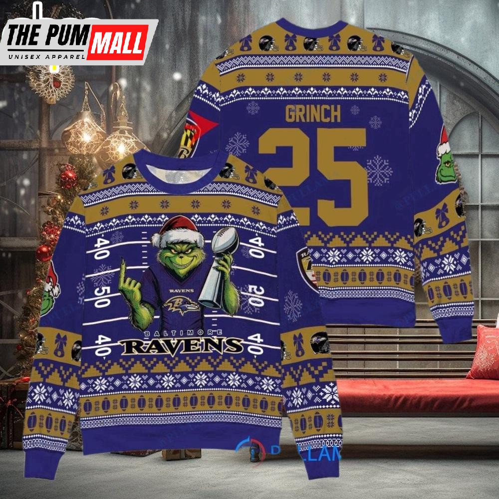 Custom Name And Number NFL Baltimore Ravens x Grinch Super Bowl Trophy Ugly Christmas Sweater