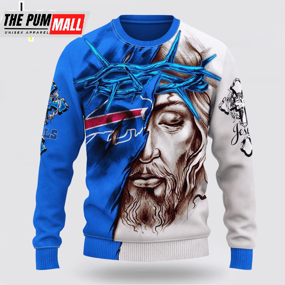 Custom Name And Number NFL Buffalo Bills Jesus Face 3D Sweater