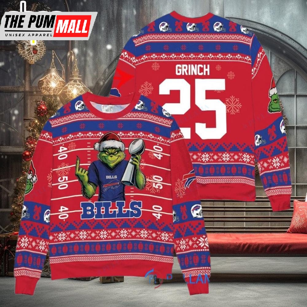 Custom Name And Number NFL Buffalo Bills x Grinch Super Bowl Trophy Ugly Christmas Sweater