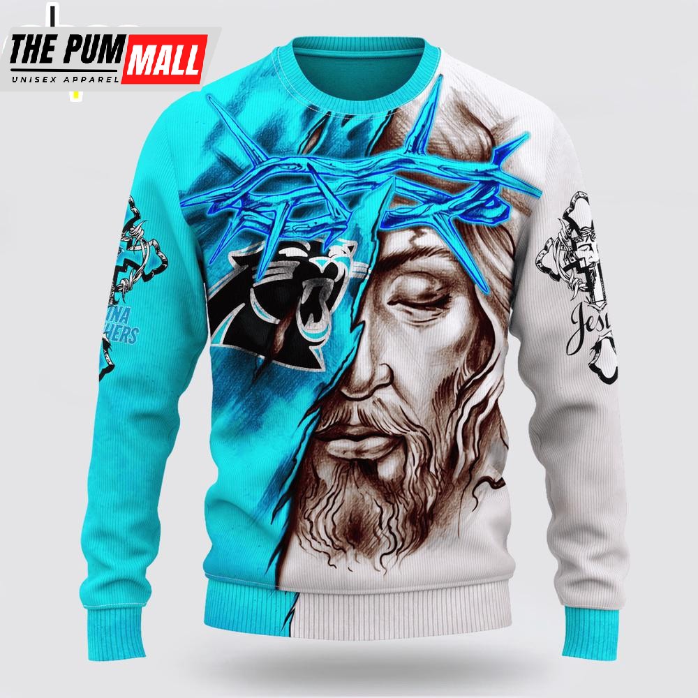 Custom Name And Number NFL Carolina Panthers Jesus Face 3D Sweater