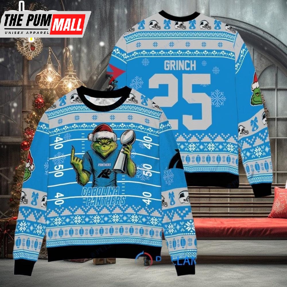 Custom Name And Number NFL Carolina Panthers x Grinch Super Bowl Trophy Ugly Christmas Sweater