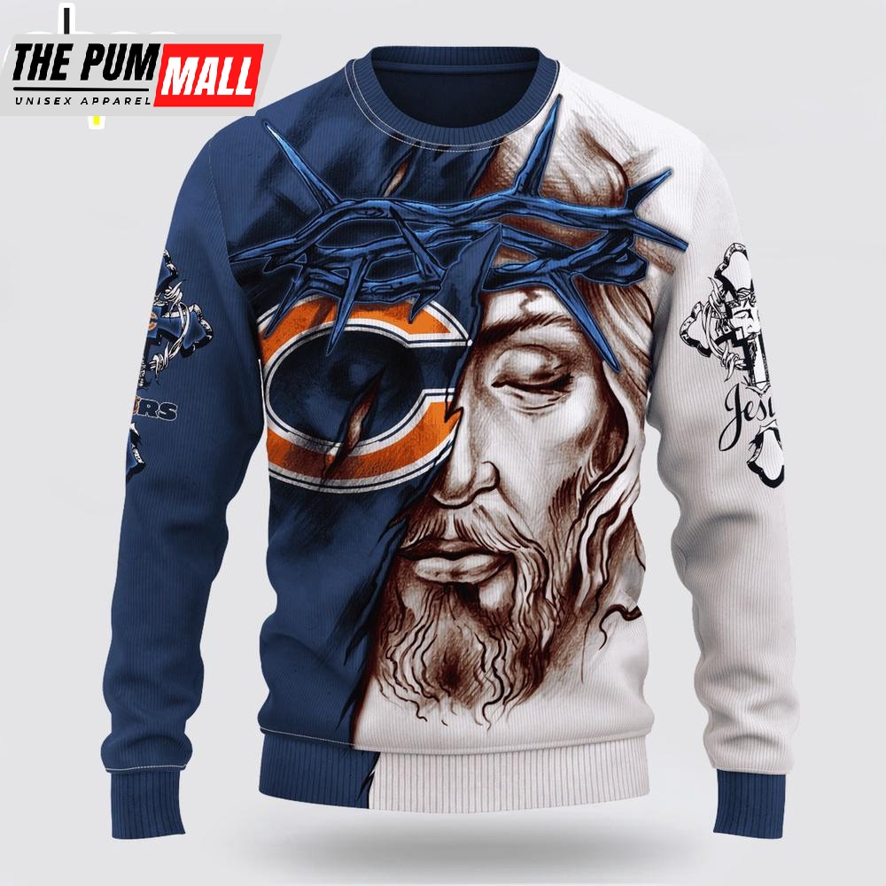 Custom Name And Number NFL Chicago Bears Jesus Face 3D Sweater