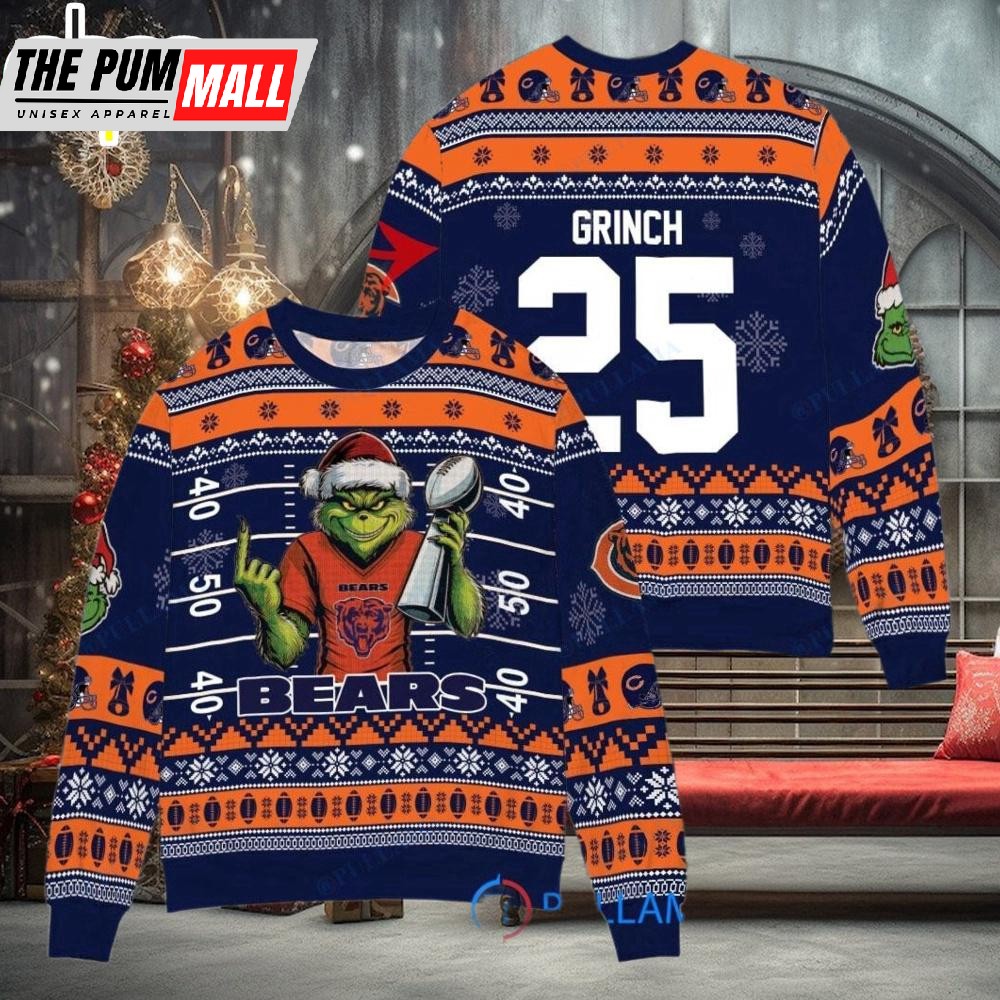 Custom Name And Number NFL Chicago Bears x Grinch Super Bowl Trophy Ugly Christmas Sweater