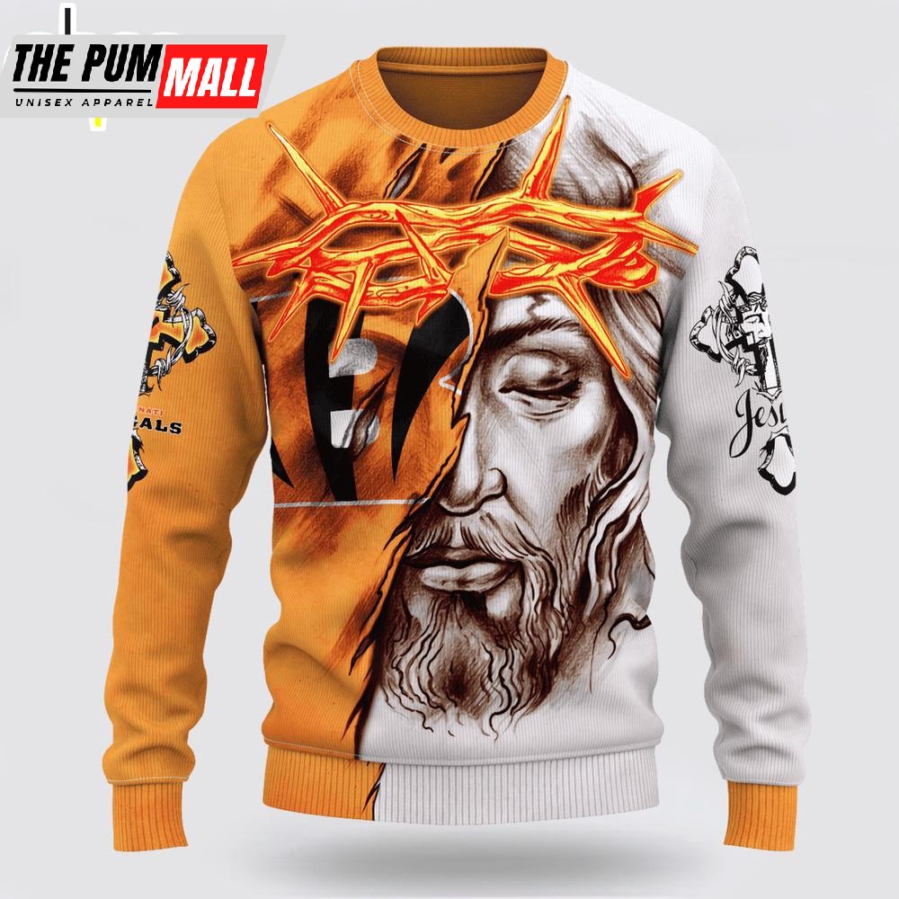 Custom Name And Number NFL Cincinnati Bengals Jesus Face 3D Sweater