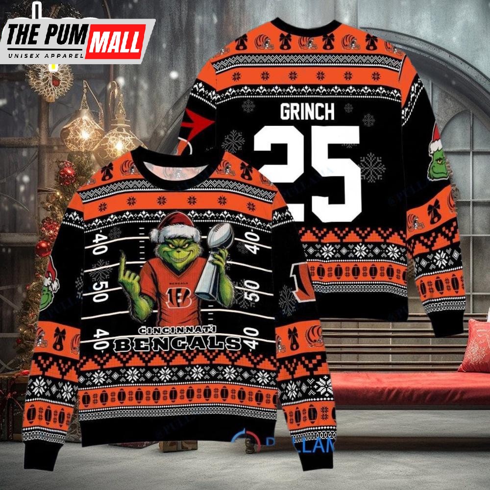 Custom Name And Number NFL Cincinnati Bengals x Grinch Super Bowl Trophy Ugly Christmas Sweater