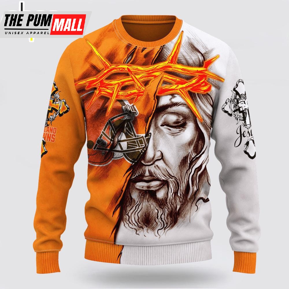 Custom Name And Number NFL Cleveland Browns Jesus Face 3D Sweater