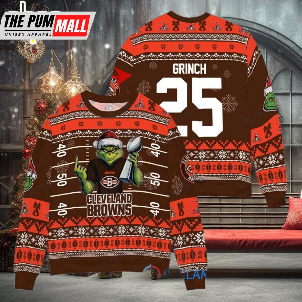 Custom Name And Number NFL Cleveland Browns x Grinch Super Bowl Trophy Ugly Christmas Sweater