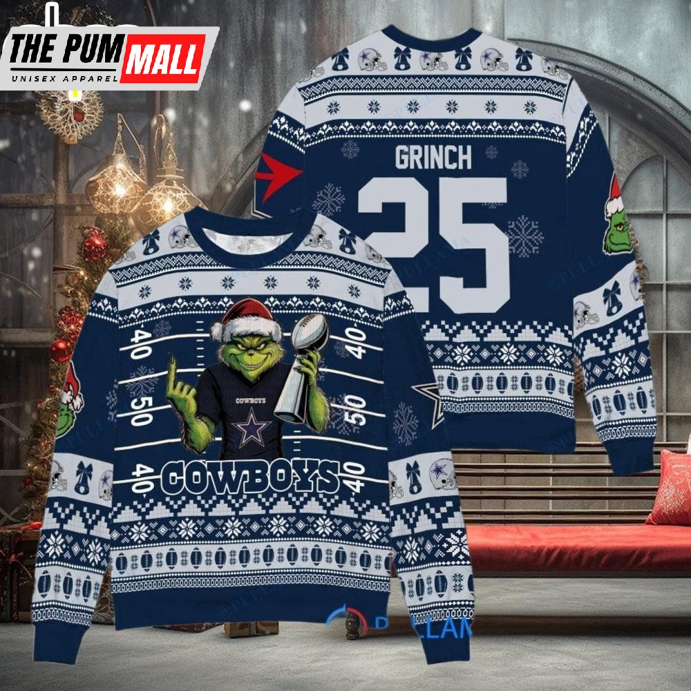 Custom Name And Number NFL Dallas Cowboys x Grinch Super Bowl Trophy Ugly Christmas Sweater