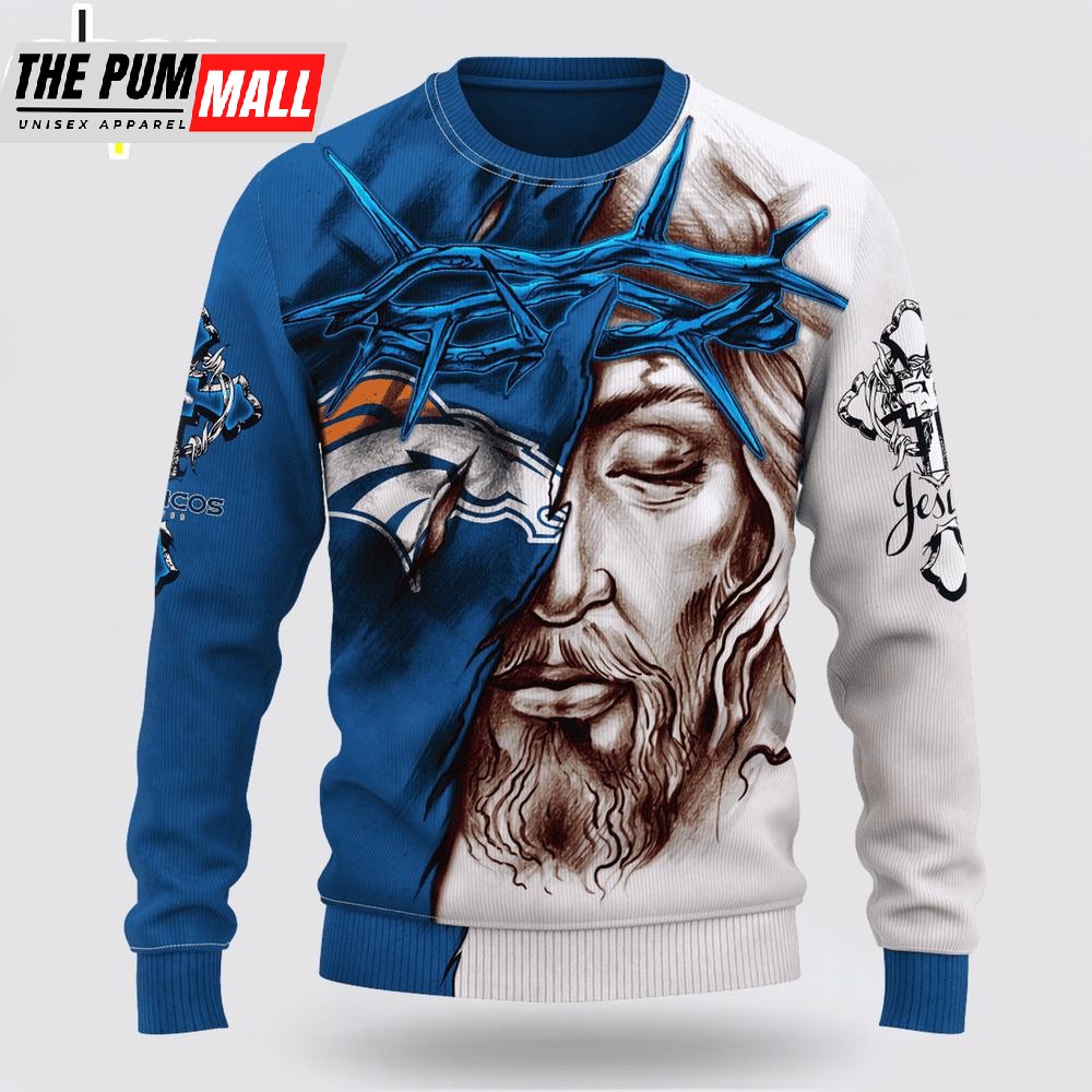 Custom Name And Number NFL Denver Broncos Jesus Face 3D Sweater