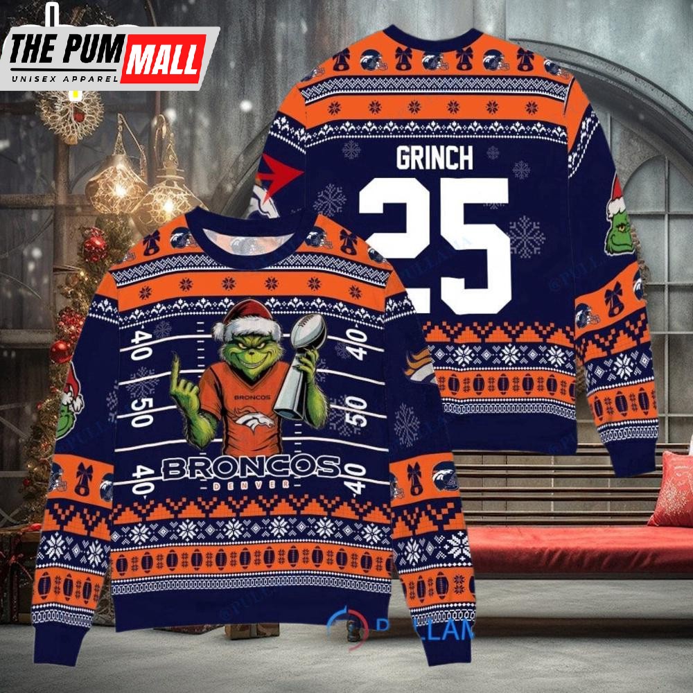 Custom Name And Number NFL Denver Broncos x Grinch Super Bowl Trophy Ugly Christmas Sweater