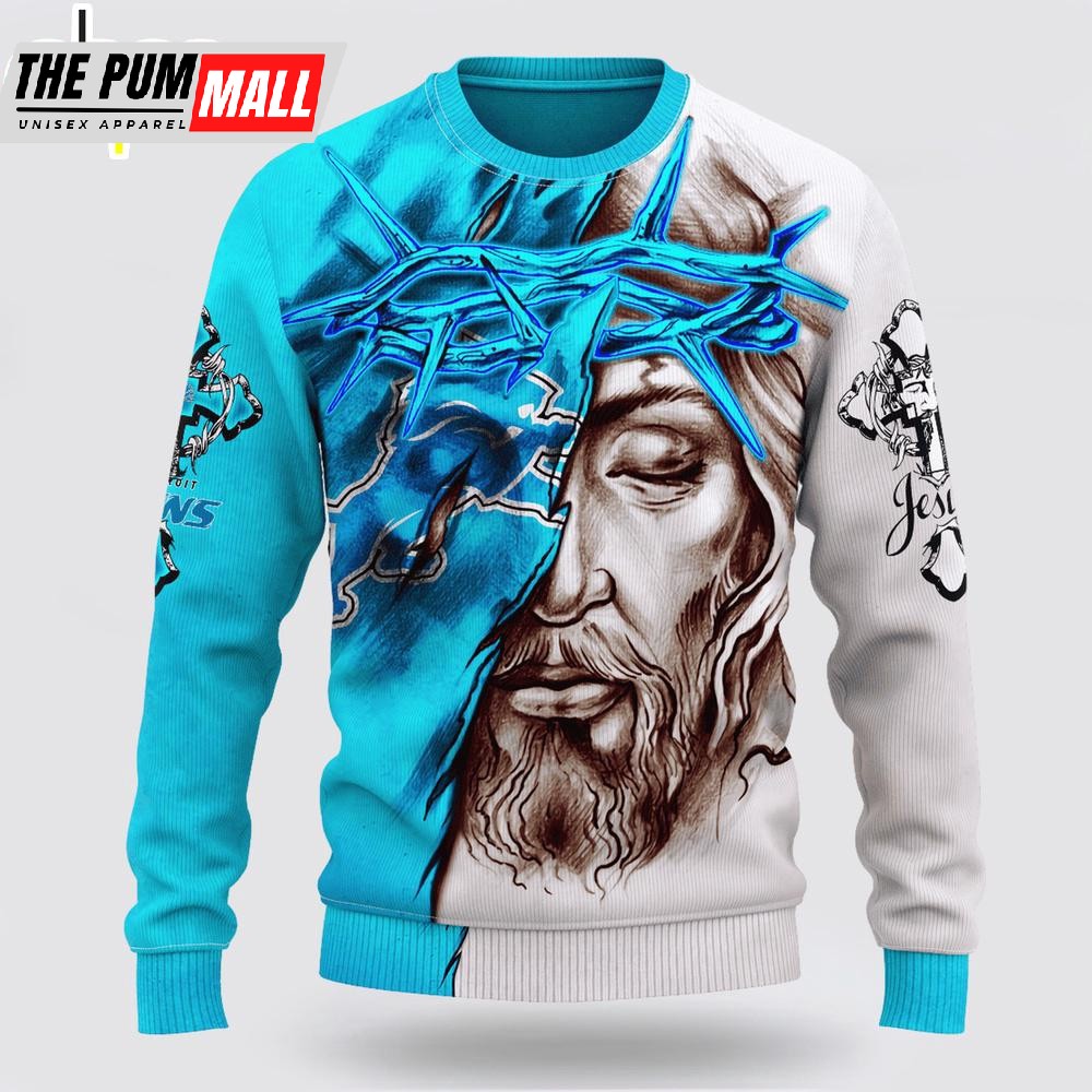 Custom Name And Number NFL Detroit Lions Jesus Face 3D Sweater