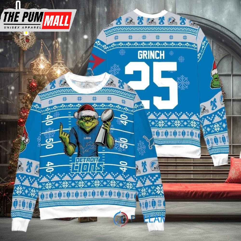Custom Name And Number NFL Detroit Lions x Grinch Super Bowl Trophy Ugly Christmas Sweater