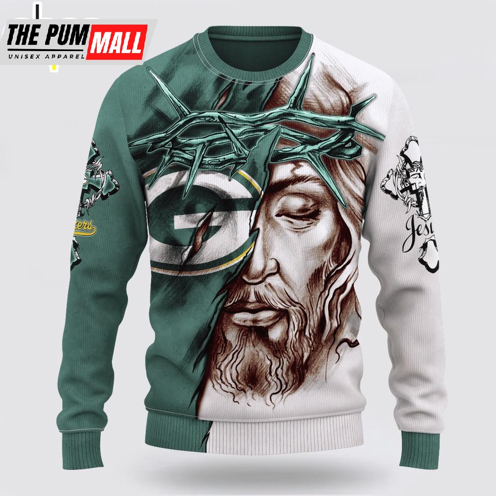 Custom Name And Number NFL Green Bay Packers Jesus Face 3D Sweater