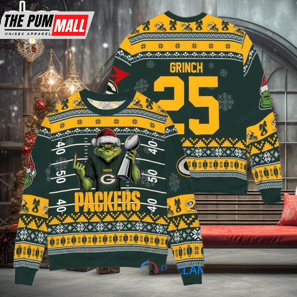 Custom Name And Number NFL Green Bay Packers x Grinch Super Bowl Trophy Ugly Christmas Sweater