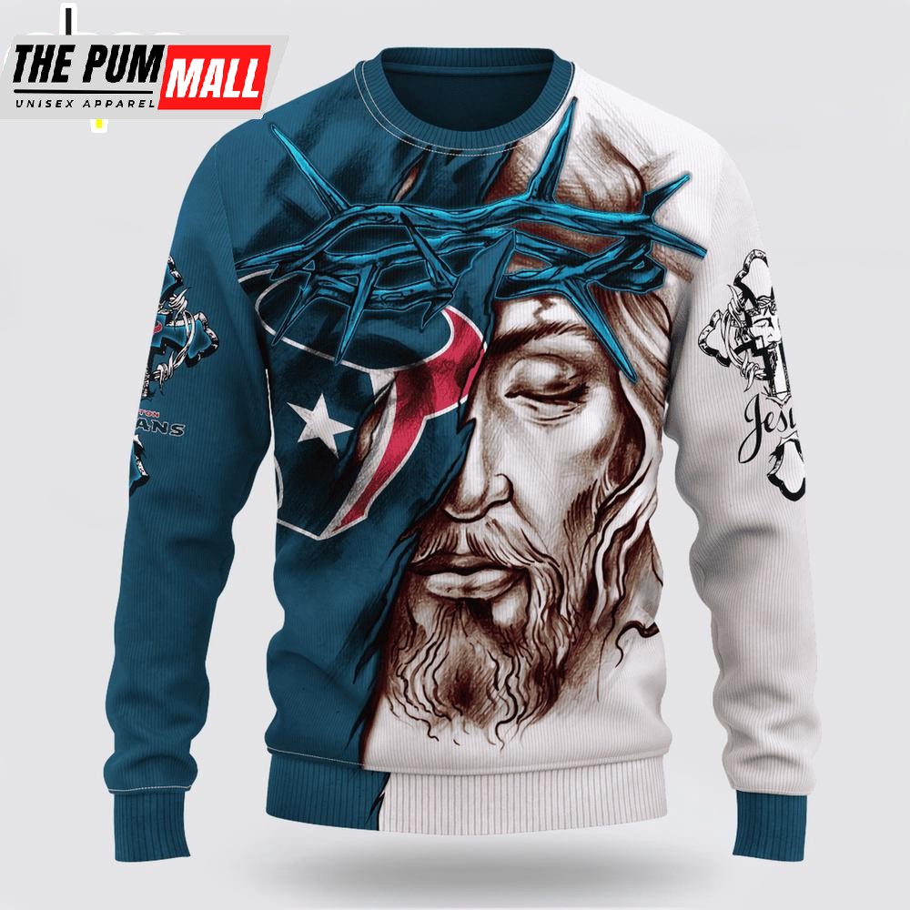 Custom Name And Number NFL Houston Texans Jesus Face 3D Sweater