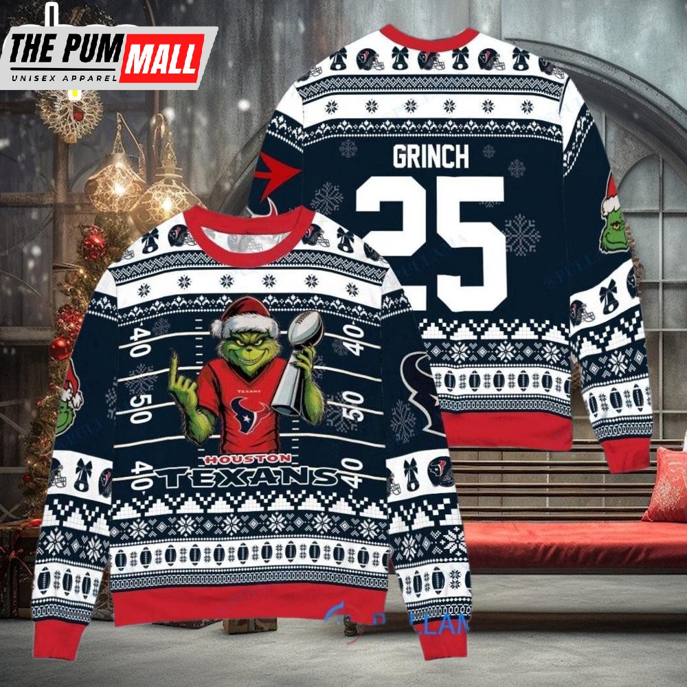 Custom Name And Number NFL Houston Texans x Grinch Super Bowl Trophy Ugly Christmas Sweater