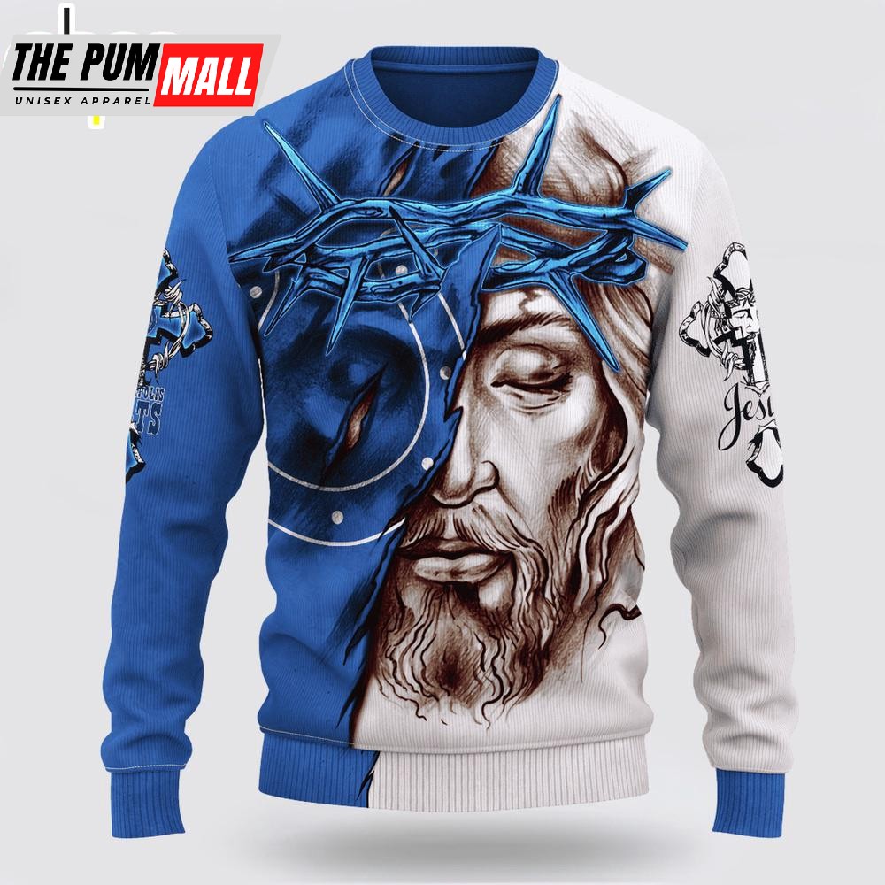 Custom Name And Number NFL Indianapolis Colts Jesus Face 3D Sweater