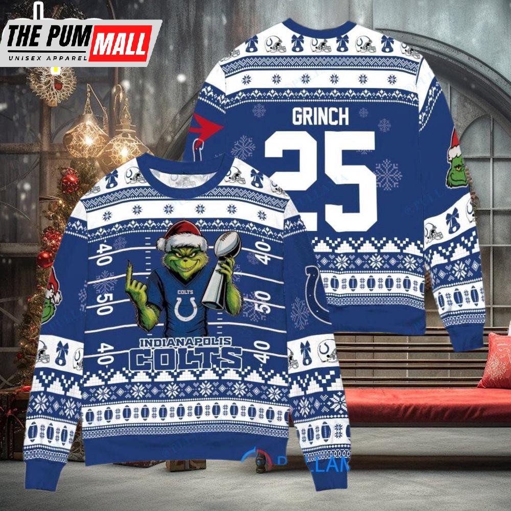 Custom Name And Number NFL Indianapolis Colts x Grinch Super Bowl Trophy Ugly Christmas Sweater