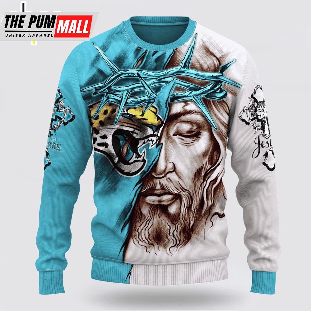 Custom Name And Number NFL Jacksonville Jaguars Jesus Face 3D Sweater