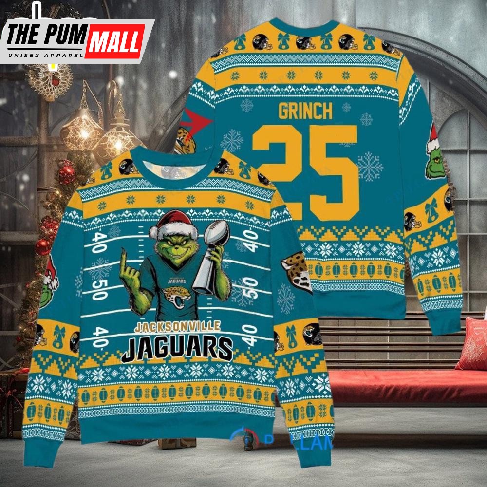 Custom Name And Number NFL Jacksonville Jaguars x Grinch Super Bowl Trophy Ugly Christmas Sweater