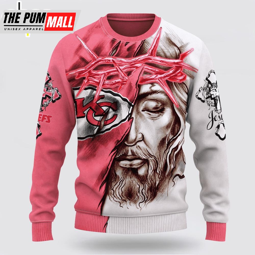Custom Name And Number NFL Kansas City Chiefs Jesus Face 3D Sweater