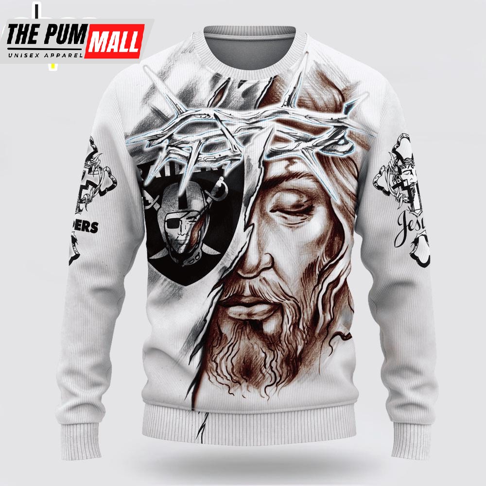 Custom Name And Number NFL Las Vegas Raiders Jesus Face 3D Sweater