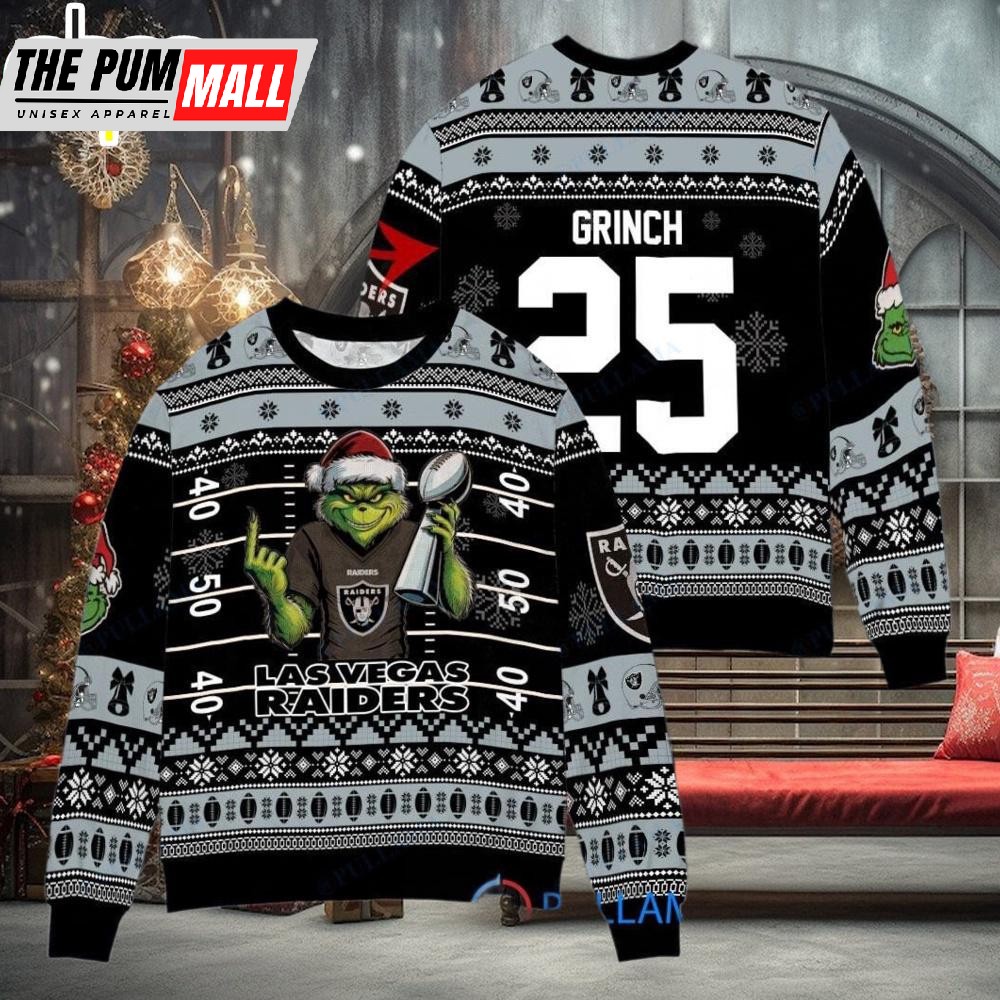Custom Name And Number NFL Las Vegas Raiders x Grinch Super Bowl Trophy Ugly Christmas Sweater