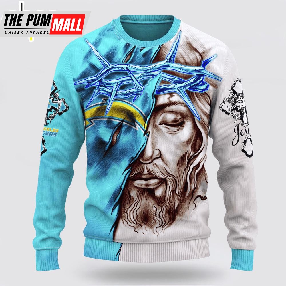 Custom Name And Number NFL Los Angeles Chargers Jesus Face 3D Sweater