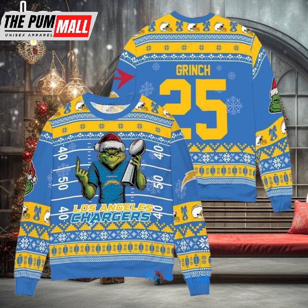 Custom Name And Number NFL Los Angeles Chargers x Grinch Super Bowl Trophy Ugly Christmas Sweater