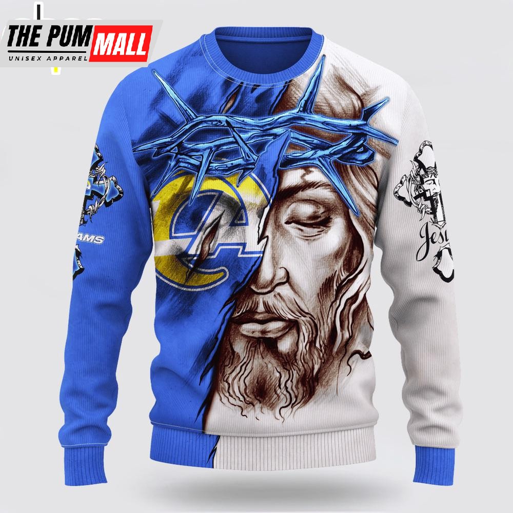Custom Name And Number NFL Los Angeles Rams Jesus Face 3D Sweater