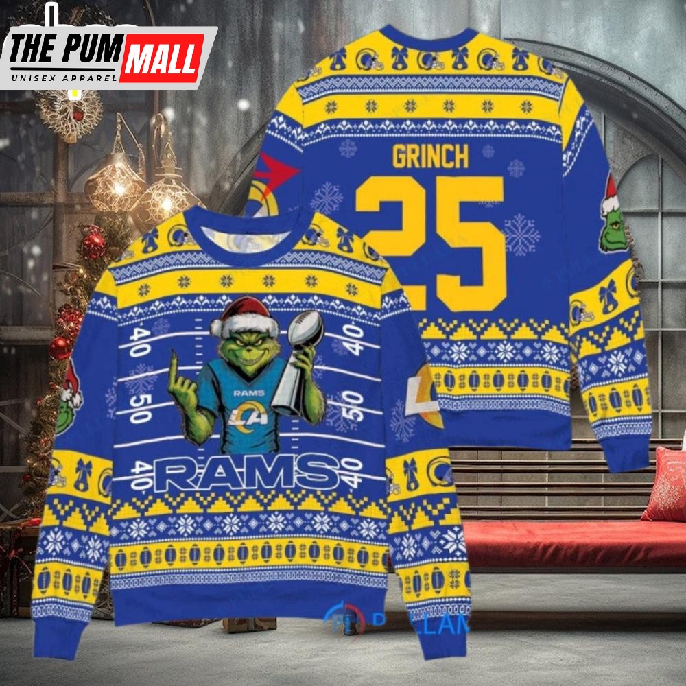Custom Name And Number NFL Los Angeles Rams x Grinch Super Bowl Trophy Ugly Christmas Sweater
