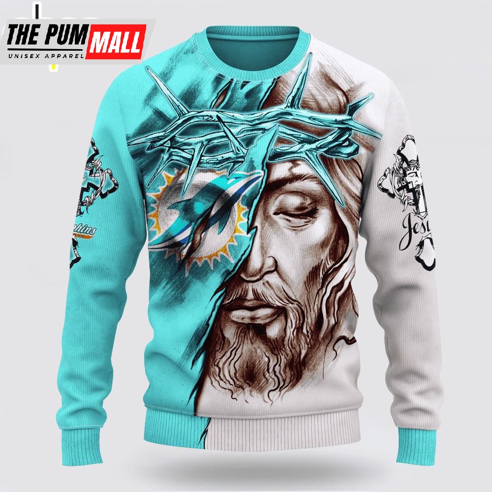 Custom Name And Number NFL Miami Dolphins Jesus Face 3D Sweater