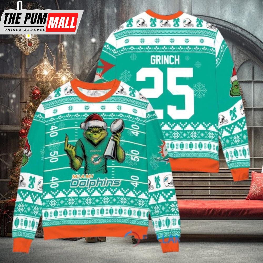 Custom Name And Number NFL Miami Dolphins x Grinch Super Bowl Trophy Ugly Christmas Sweater