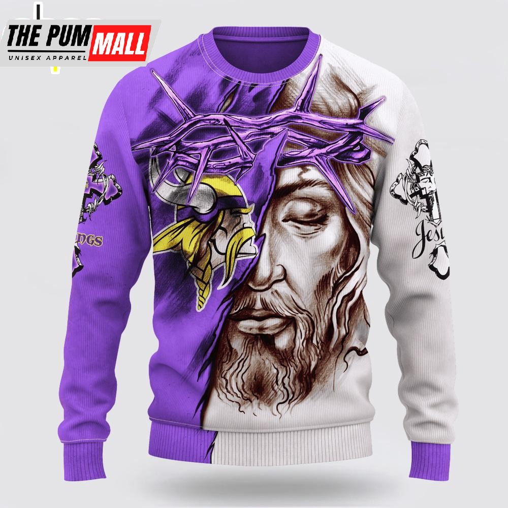 Custom Name And Number NFL Minnesota Vikings Jesus Face 3D Sweater
