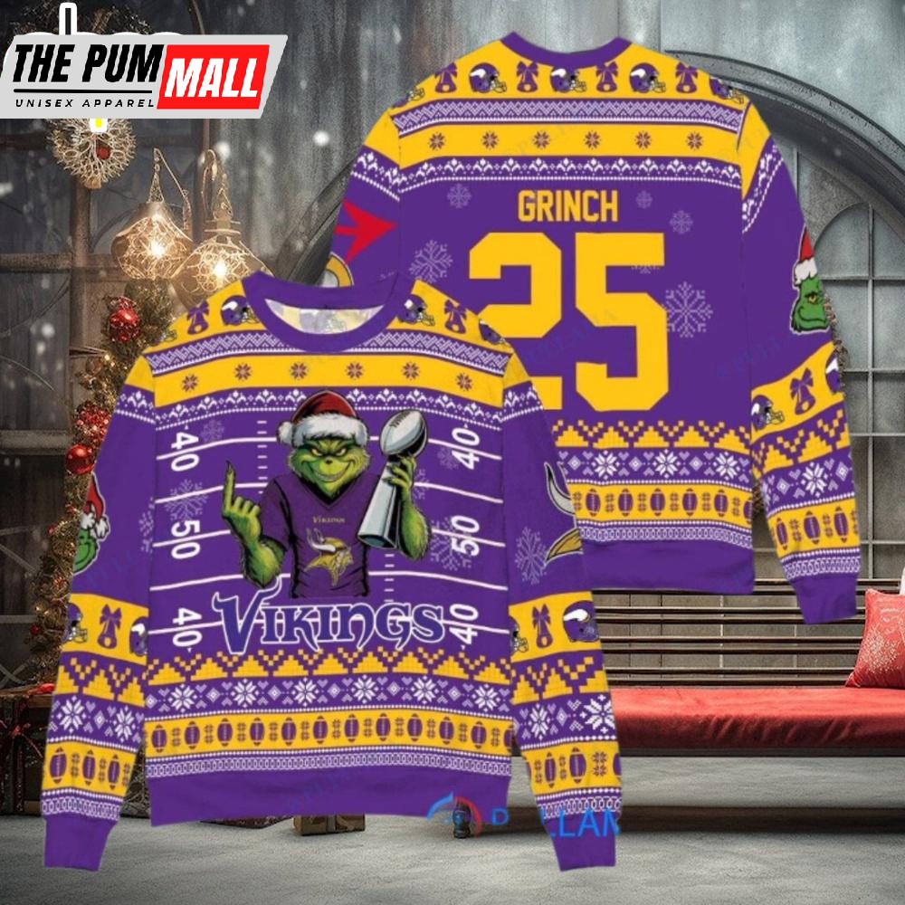 Custom Name And Number NFL Minnesota Vikings x Grinch Super Bowl Trophy Ugly Christmas Sweater