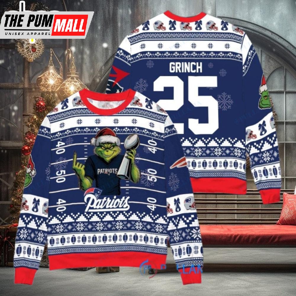 Custom Name And Number NFL New England Patriots x Grinch Super Bowl Trophy Ugly Christmas Sweater